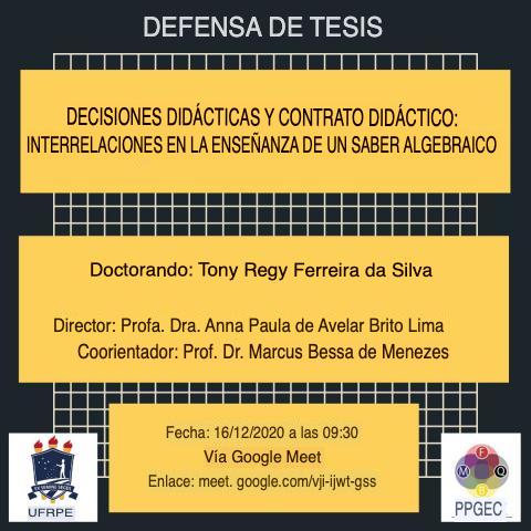 Defensa de Tesis: Tony Regy Ferreira da Silva – 16 de diciembre de 2020 a las 9:30 AM